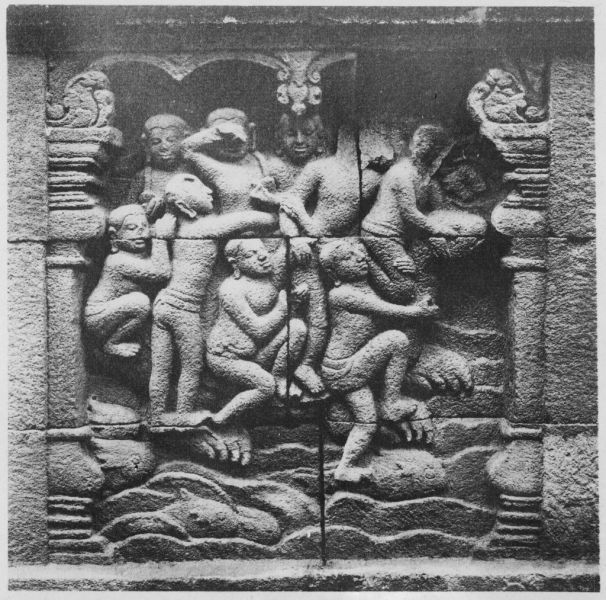Bas-relief de Borobudur : représentation d'un jataka EFEO_INDO00136