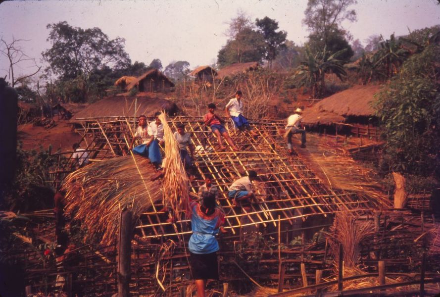 A Lisu woman is throwing a bunch of straw to the men on the roof. They are building Dr. Otome's house. EFEO_KLEO00197